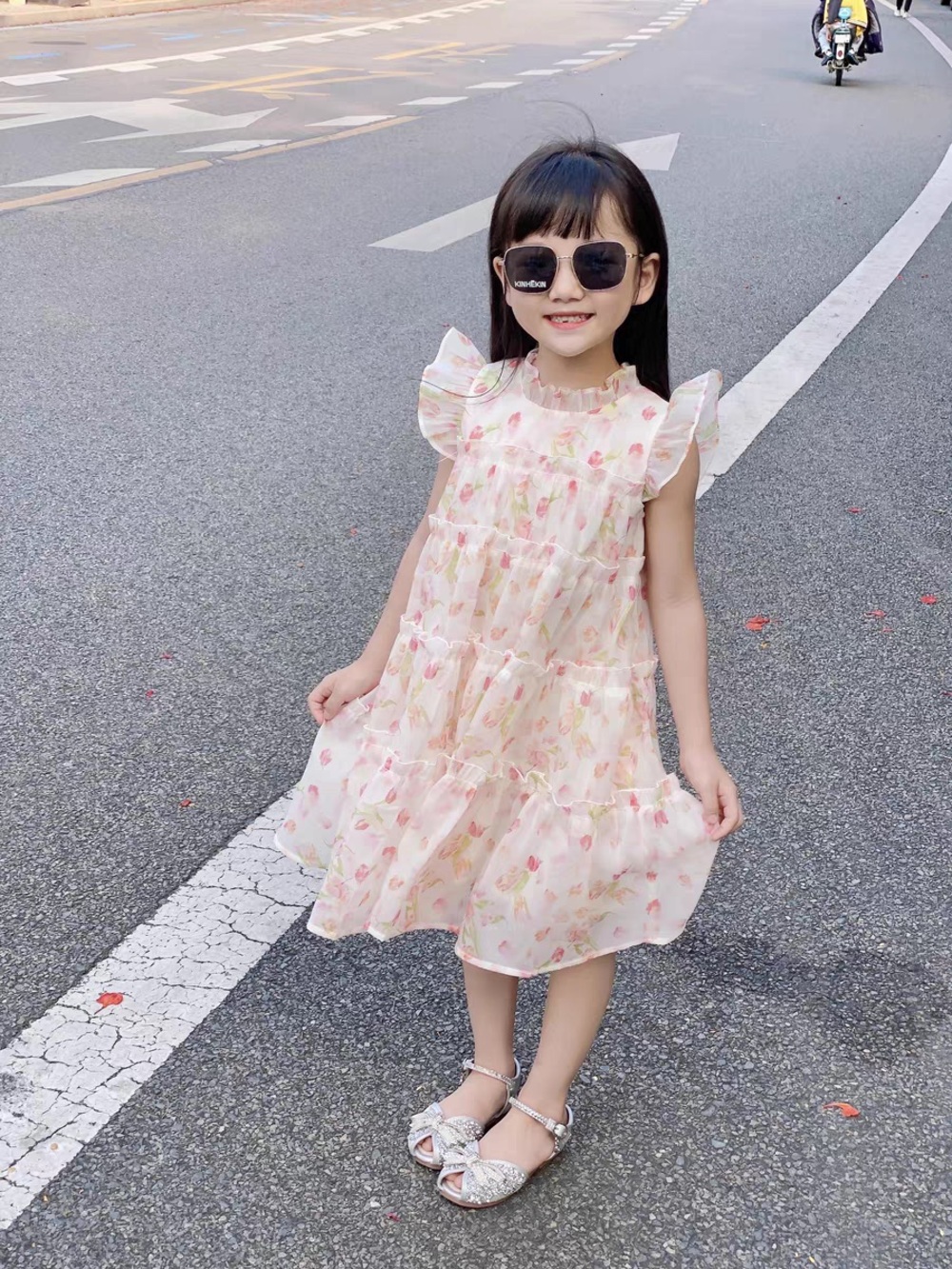 Girls' Floral Tiered Chiffon Dress - Pink 6-7 - Picture 5 of 12